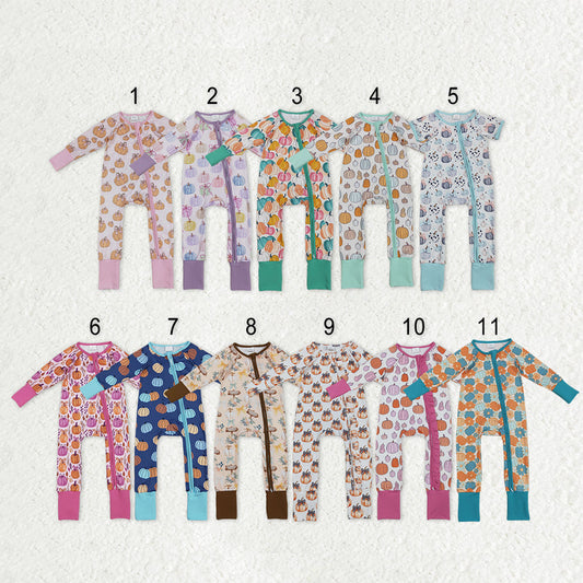 Sibling Baby Boys Girls Kids Fall Pumpkins Two-way Zipper Footie Sleeper Rompers RTS