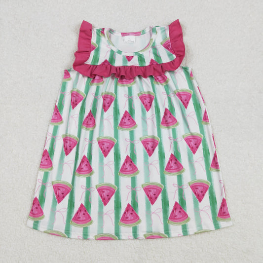 Baby Girl Short Sleeves Watermelon Pink Ruffle Knee Length Dress RTS