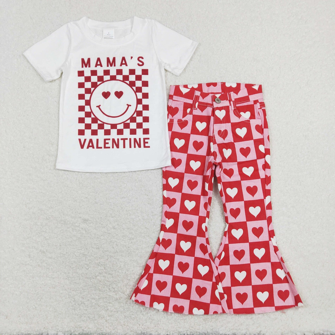 GSPO1363 Baby Girl Short Sleeves Face Shirt Hearts Denim Bell Pants Valentine's Day Set
