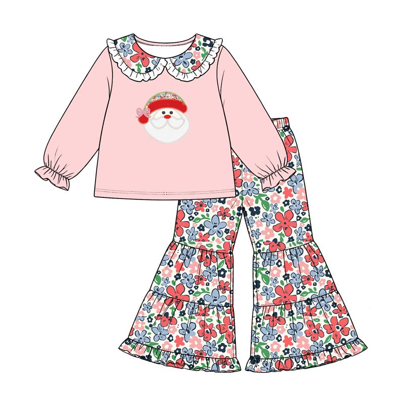 ( Moq 5 ) Preorder Baby Girls Kids Christmas Santa Tops Flower Bell Pants Set Clothes