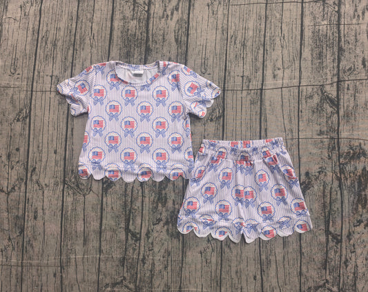 ( No moq ) Preorder Baby Girls Bows Flags Stripes Shirt Scallop Shorts 4th of July Set Clothes