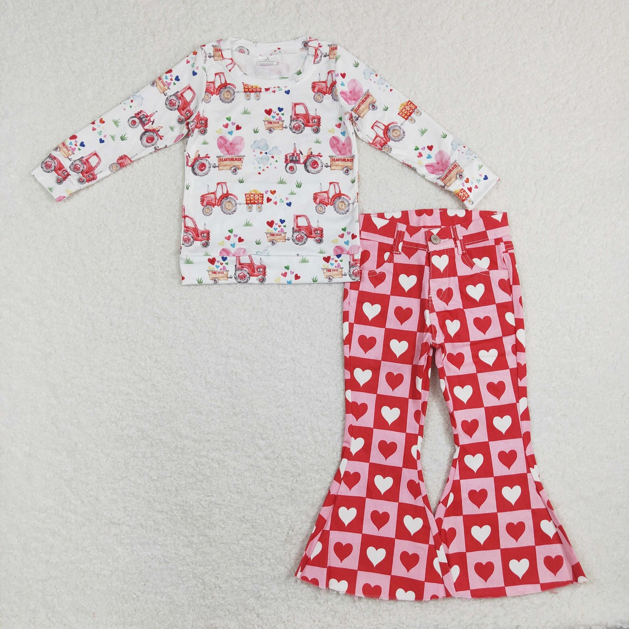 GLP1157 Baby Girl Long Sleeves Tractor Shirt Hearts Denim Bell Pants Valentine's Day Set
