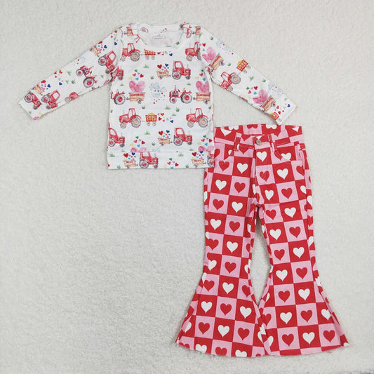 GLP1157 Baby Girl Long Sleeves Tractor Shirt Hearts Denim Bell Pants Valentine's Day Set