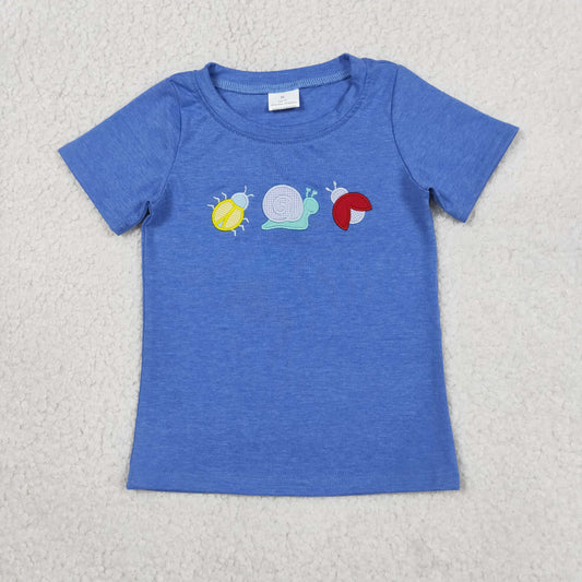 Baby Boys Kids Short Sleeves Embroidery Animals Blue Tee Shirt Tops RTS