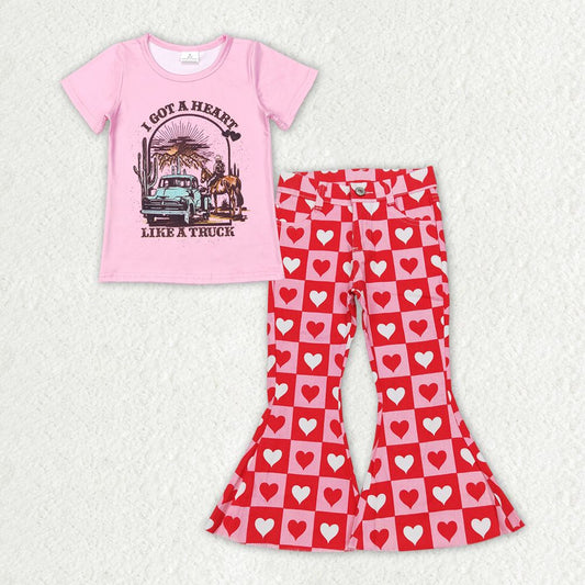 GSPO1365 Baby Girl Short Sleeves Horse Cactus Shirt Hearts Denim Bell Pants Valentine's Day Set