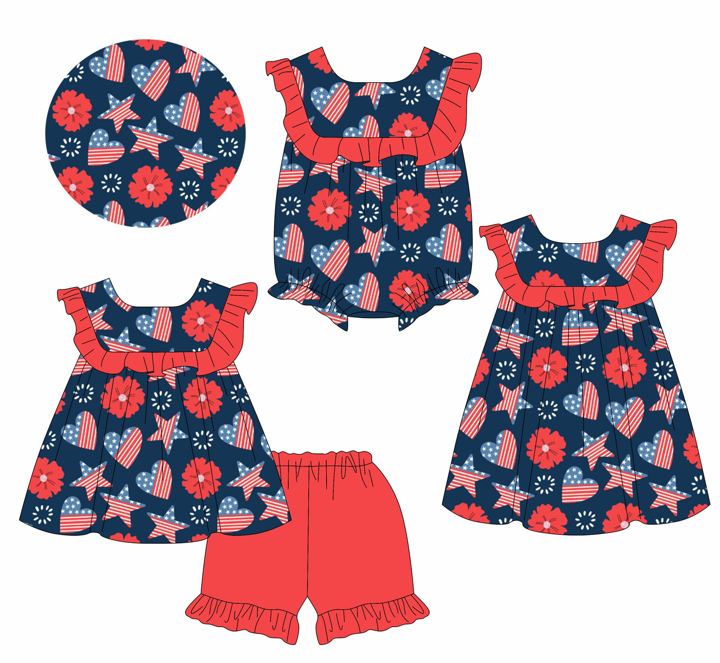 Baby Girl July 4th Flower Hearts Stars Sibling Romper Dress Set ( Moq 5 Each Style ) 1.17