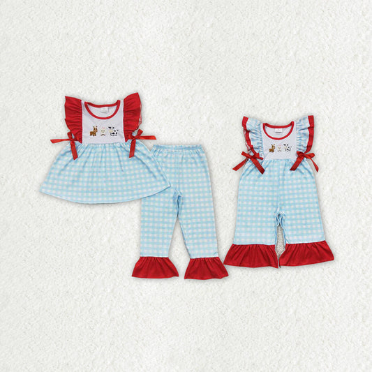Baby Girl Short Sleeves Embroidery Farm Animals Plaid Sibling Romper Clothes Set