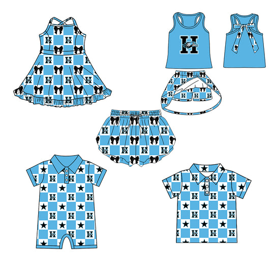 ( Moq 5 Each Style ) Baby Boys Girls Toddler Bows Team Sibling Shorts Dress Shirt Blue Set Clothes