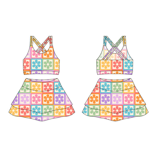 ( moq 10 ) Baby Girl Straps Colorful Flowers Plaid Activity Wear Vests Tops Shorts Skirts Yoga Set