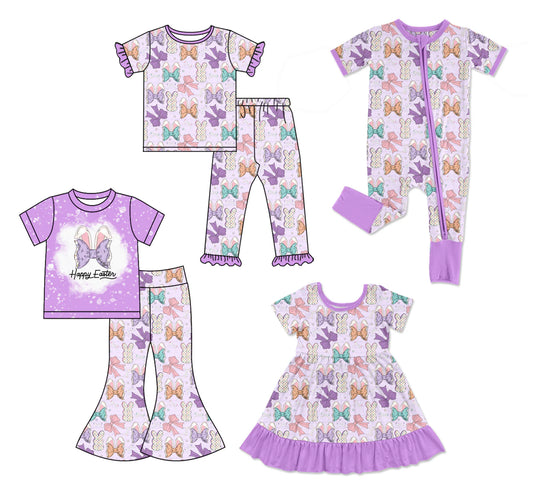 ( Moq 5 Each Style ) Baby Girls Kids Short Sleeves Bows Rabbits Sibling Purple Romper Dress Sets