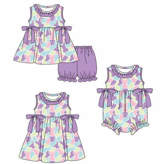 ( Moq 5 Each Style ) Sibling Baby Boys Girls Sleeveless Rabbits Camo Purple Bows Easter Romper Dress Set