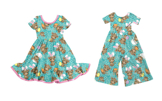 ( Moq 5 Each Style ) Girls Toddler Cows Rabbits Eggs Green Easter Sibling Dress Jumpsuit