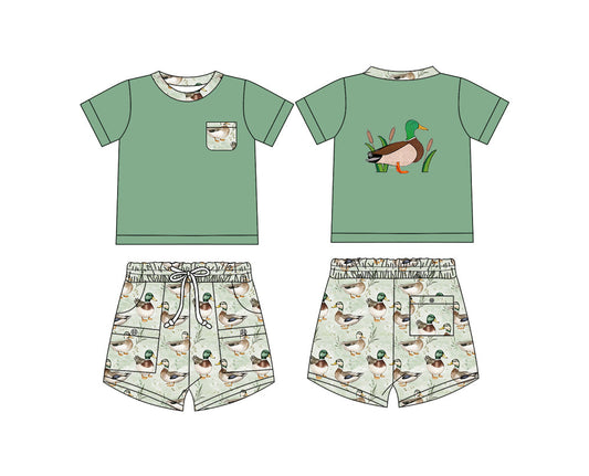 Baby Boy Green Short Sleeves Ducks Shirt Pockets Shorts Set ( Moq 5 ) 12.9