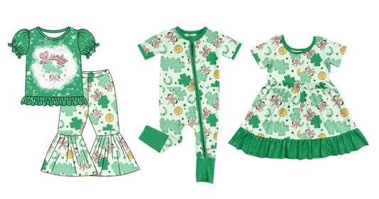 Baby Girl St Patrick Bows Green Sibling Dress Romper Clothes Set ( Moq 5 Each Design ) 12.7