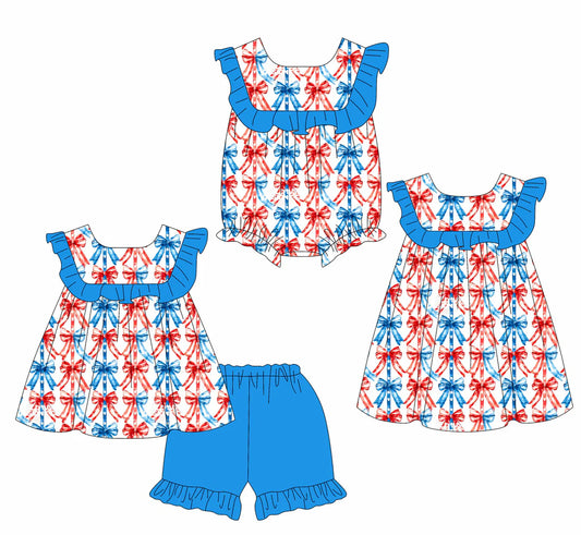 ( Moq 5 Each Style ) Baby Girls Kids Red Blue Bows Sibling 4th of July Romper Dress Set
