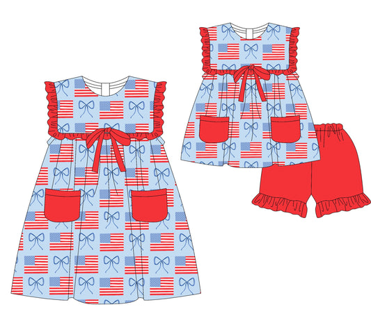 Baby Girl 4th Of July Flags Bows Pockets Sibling Dress Set ( Moq 5 Each Style ) 3.18