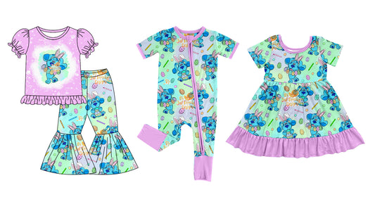 Baby Girl Short Sleeves Easter Dogs Rabbits Sibling Romper Dress Clothes Set ( Moq 5 Each Design )12.6