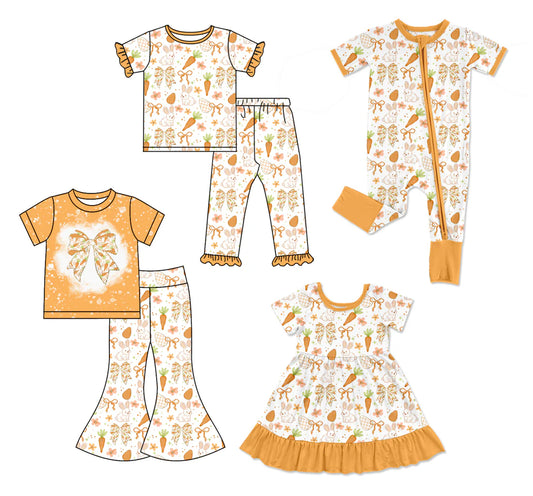 ( Moq 5 Each Style ) Baby Girls Kids Rabbits Bows Carrots Eggs Sibling Orange Romper Dress Sets