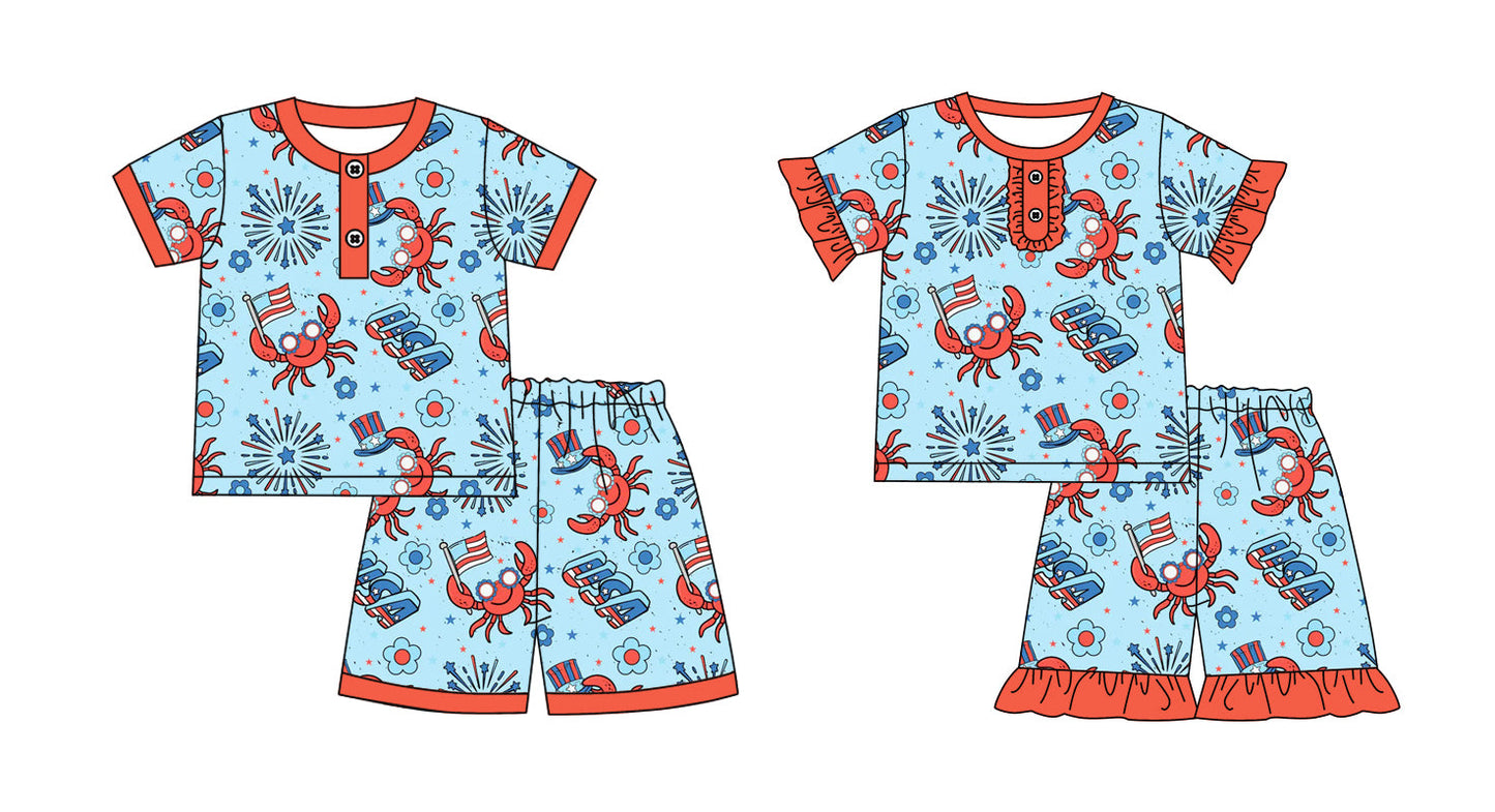 Baby Boy Girl Short Sleeves July 4th Crawfish Sibling Pajamas Set ( Moq 5 Each Style ) 12.24