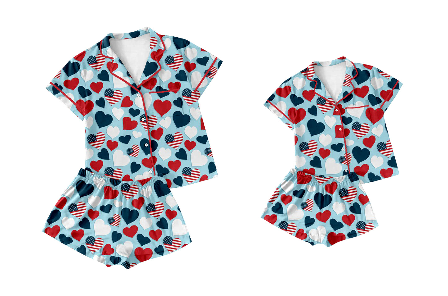 Baby Girl Toddler Adult Women Short Sleeves Hearts Flags Shorts Sibling Family Shorts Pajamas Set ( Moq 5 Each Style )12.2