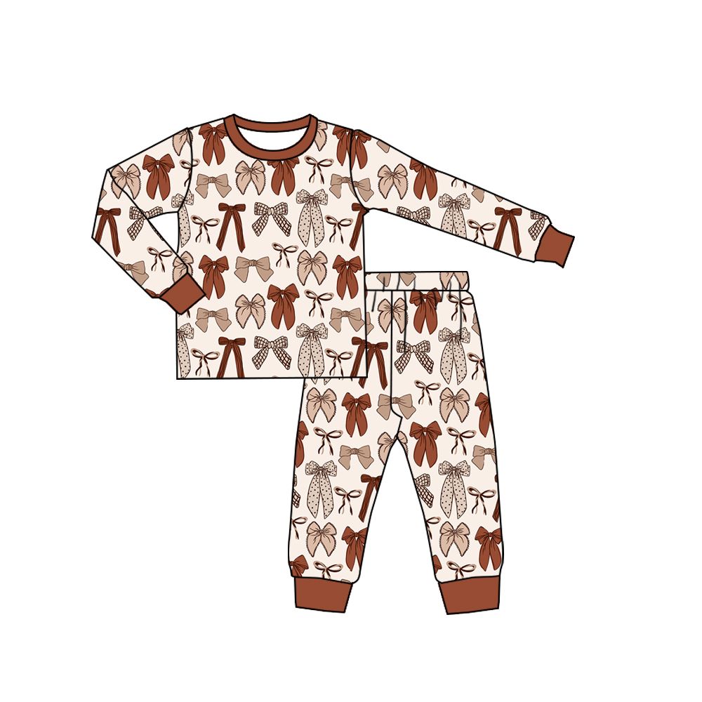 ( Moq 5 ) Preorder Baby Girls Kids Long Sleeves Brown Bows Shirt Pants Set Pajamas Clothes