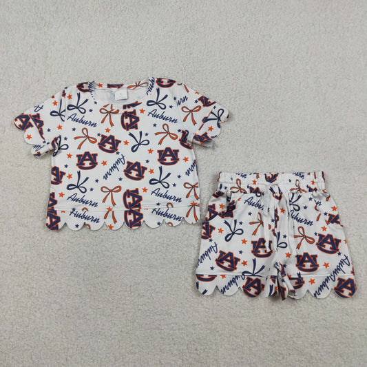 Baby Girls Kids Short Sleeves Bows AU Team Shirt Scallop Shorts Summer Set RTS