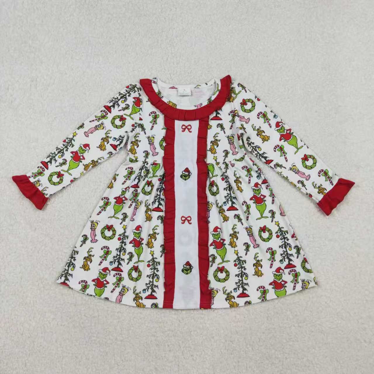 Sibling Girls Kids Embroidery Green Face Bows Christmas Romper Dress Set Clothes RTS