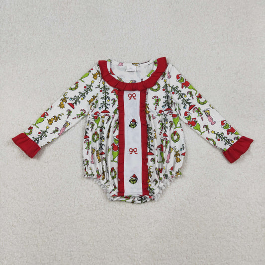 Girls Kids Embroidery Green Face Bows Ruffle Christmas Bubble Romper RTS