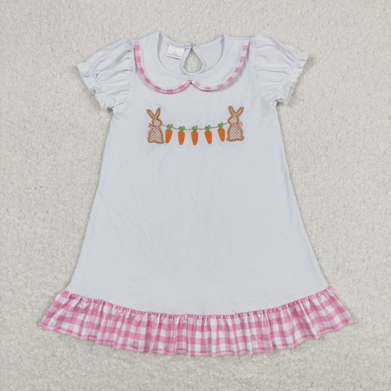 Baby Girl Short Sleeves Embroidery Easter Rabbit Carrots Sibling Rompers Dress