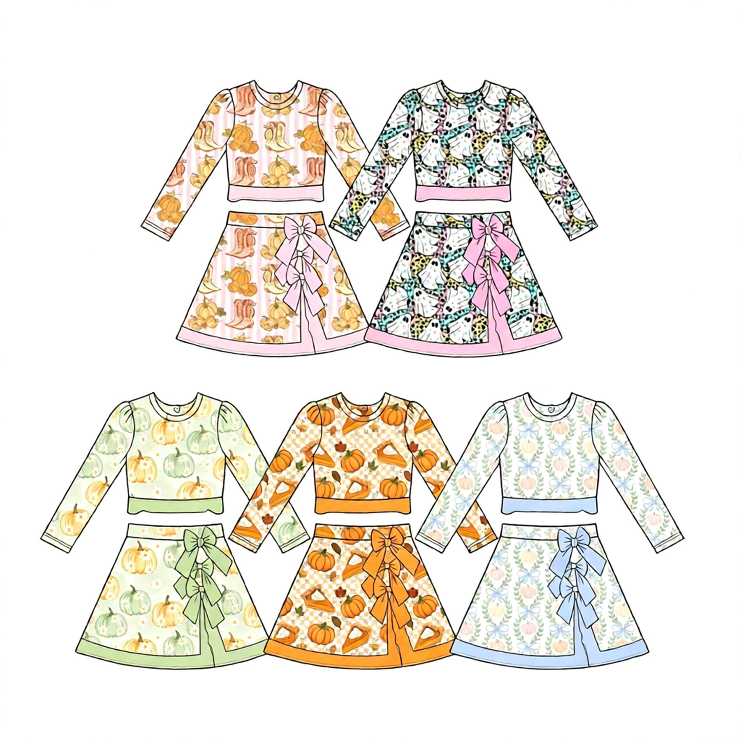 ( Moq 5 Each Style ) Sibling Baby Girls Kids Long Sleeves Pumpkins Shirts Bows Skirts Shorts Sibling Fall Sets Clothes