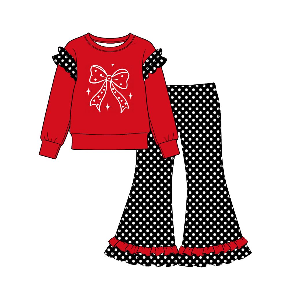 ( Moq 5 ) Preorder Baby Girls Kids Red Long Sleeves Bows Shirt Dots Ruffle Pants Set Clothes