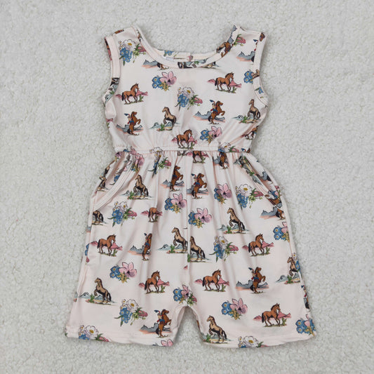 Baby Girl Western Rodeo Horse Flower Pockets Jumpsuit RTS