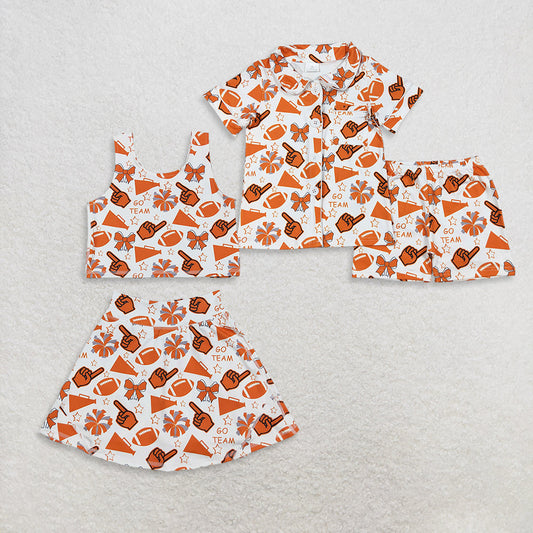 Sibling Girls Kids Orange Footballs Bows Cheer Yoga Skorts Set Buttons Milk Silk Pajamas Set