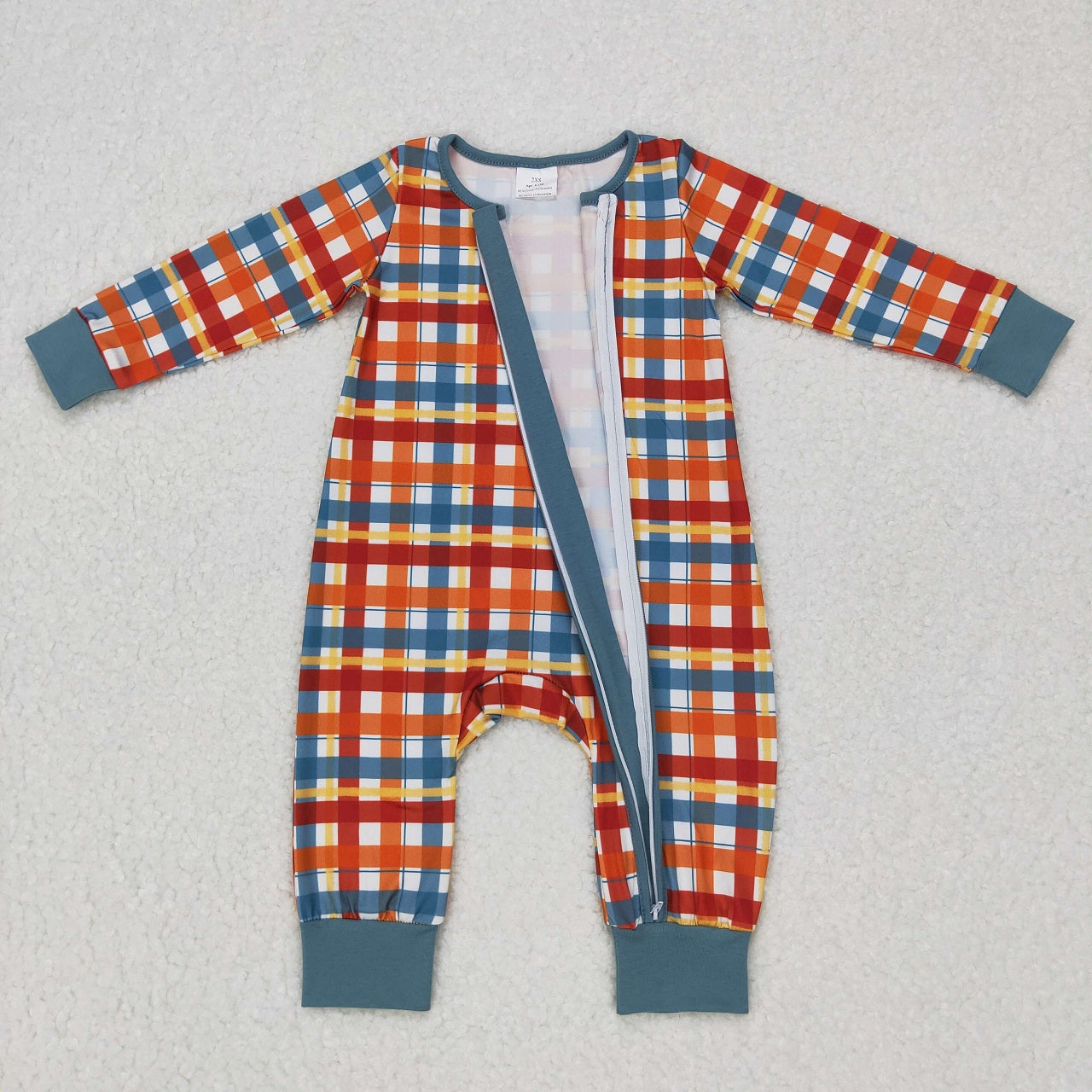 LR0622 Baby Boy Fall Thanksgiving Plaid Zipper One Piece Romper
