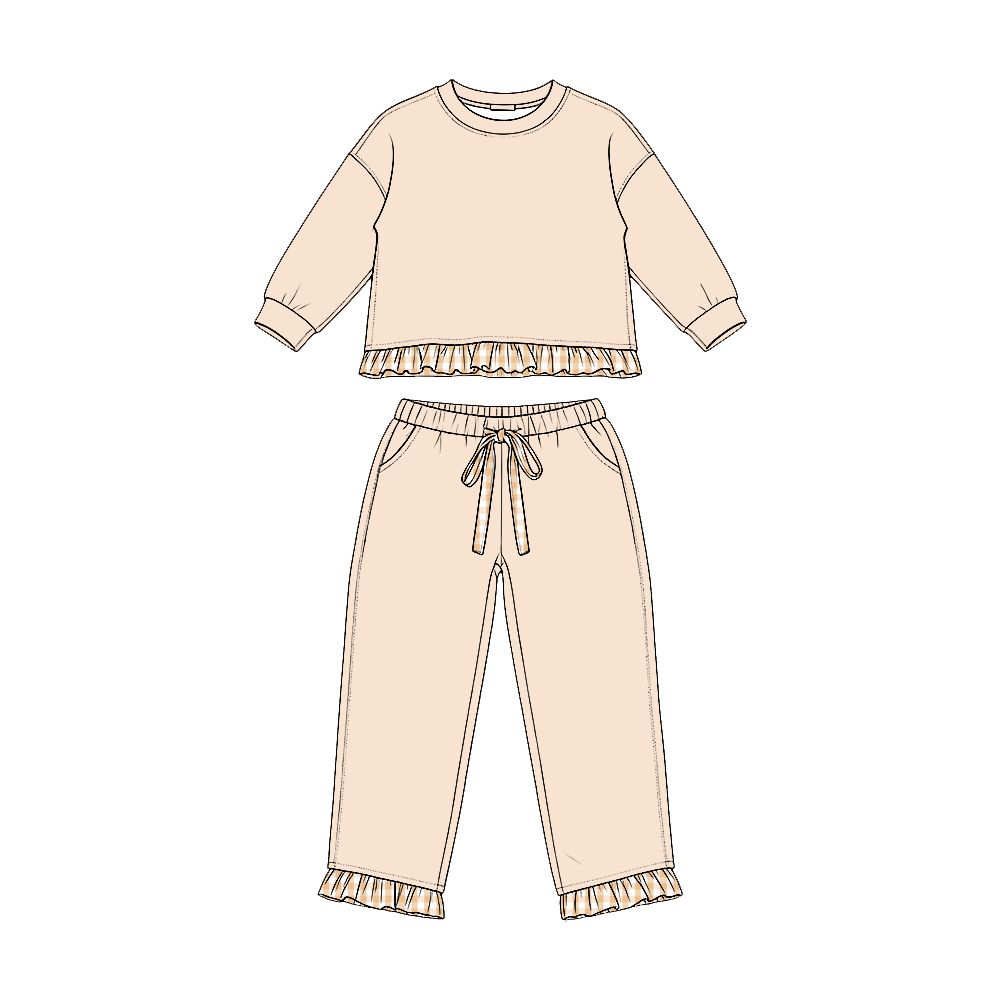 ( Moq 5 ) Preorder Baby Girls Kids Long Sleeves Ruffle Shirt Pockets Pants Set Sweatsuit Clothes