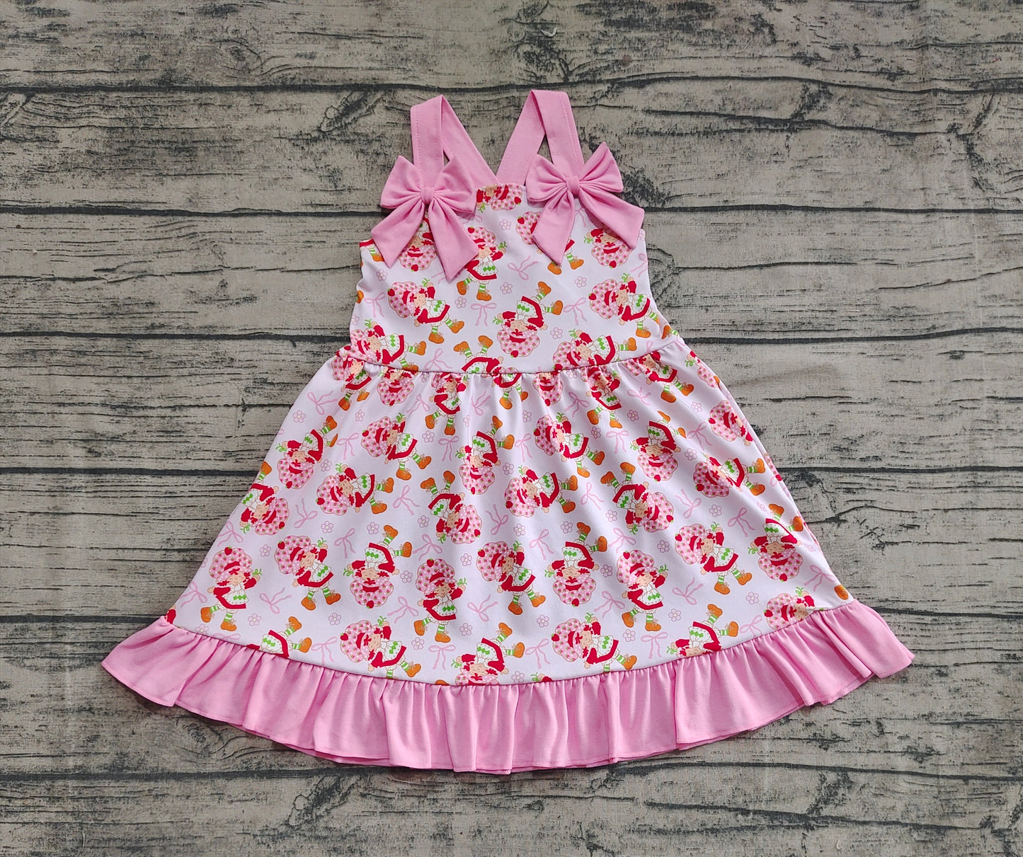Baby Girl Pink Strap Bows Strawberry Floral Knee Length Dress RTS
