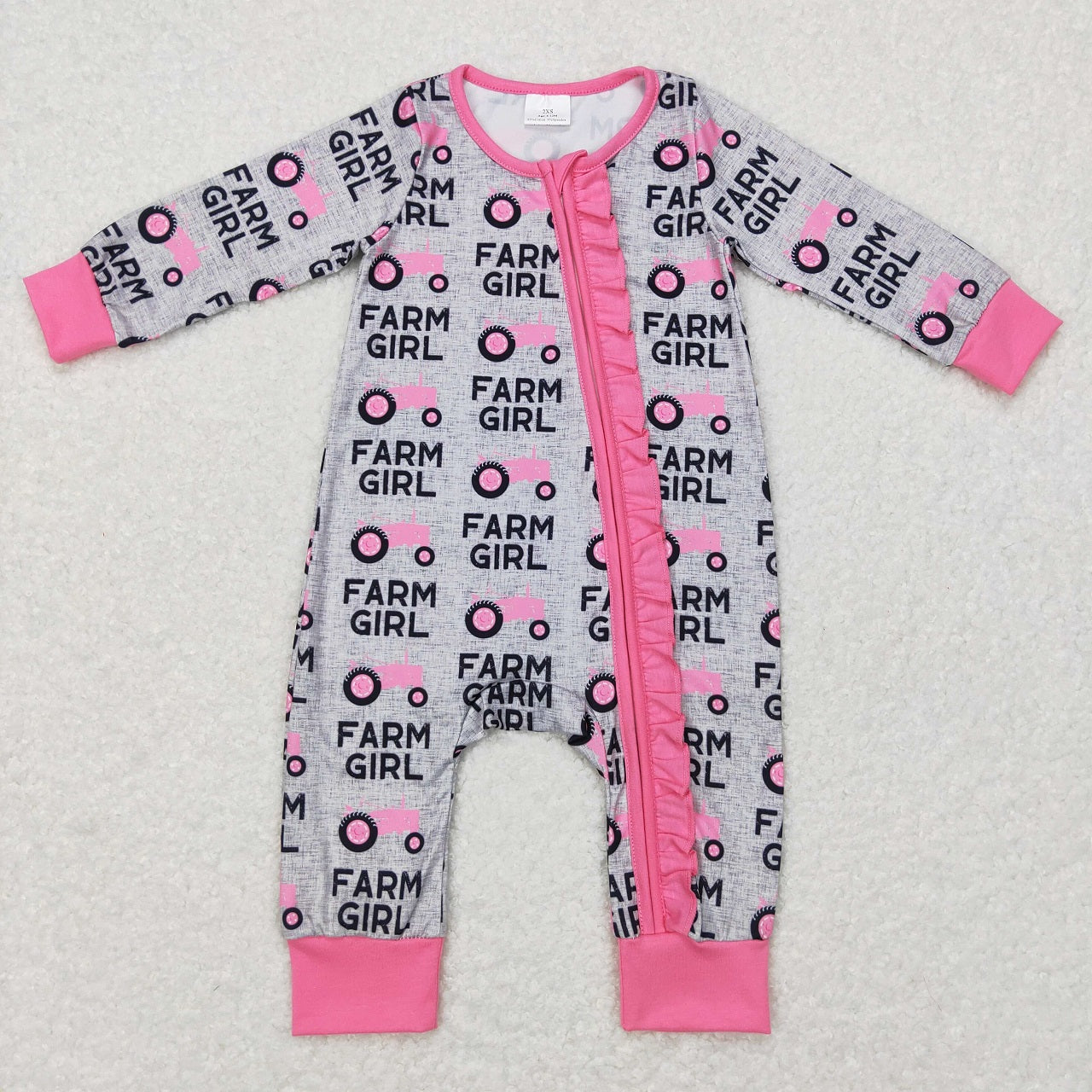 LR0687 Baby Kids Long Sleeves Farm Girl Tractor Zipper One Piece Pink Romper