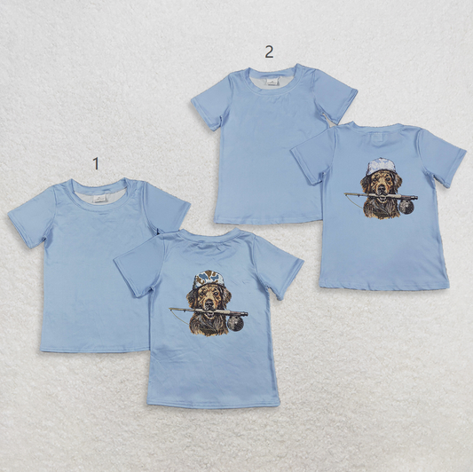 Sibling Baby Boys Kids Short Sleeves Dog Fishing Blue Shirts Tops RTS
