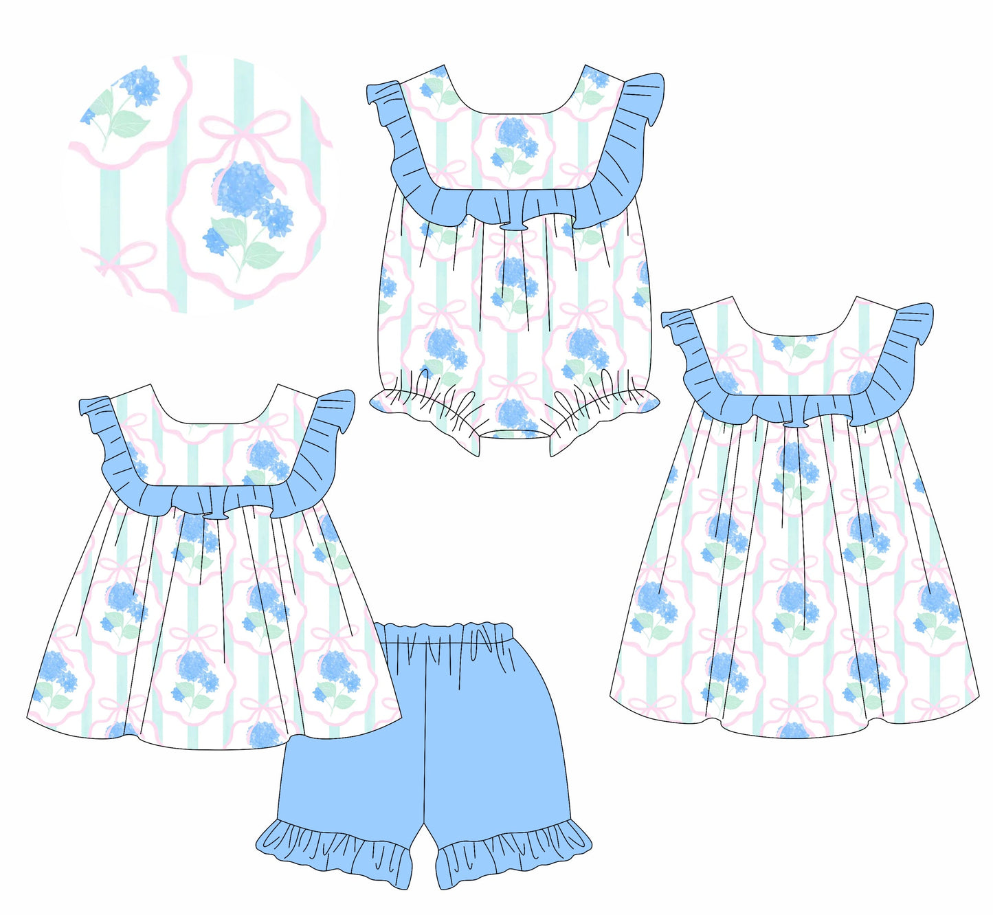 Baby Girl Blue Flower Bows Stripes Sibling Romper Dress Set ( Moq 5 Each Style ) 3.15