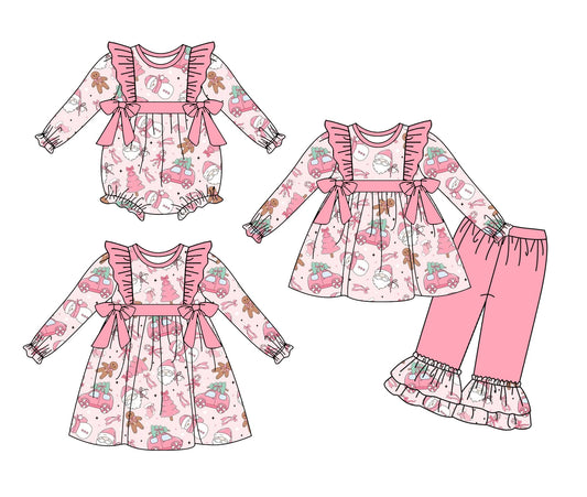 ( Moq 5 Each Style ) Baby Girl Toddler Christmas Santa Bows Sibling Pink Romper Dress Set