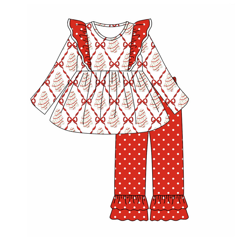 Baby Girl Long Sleeves Cakes Christmas Tops Dots Red Pants Set