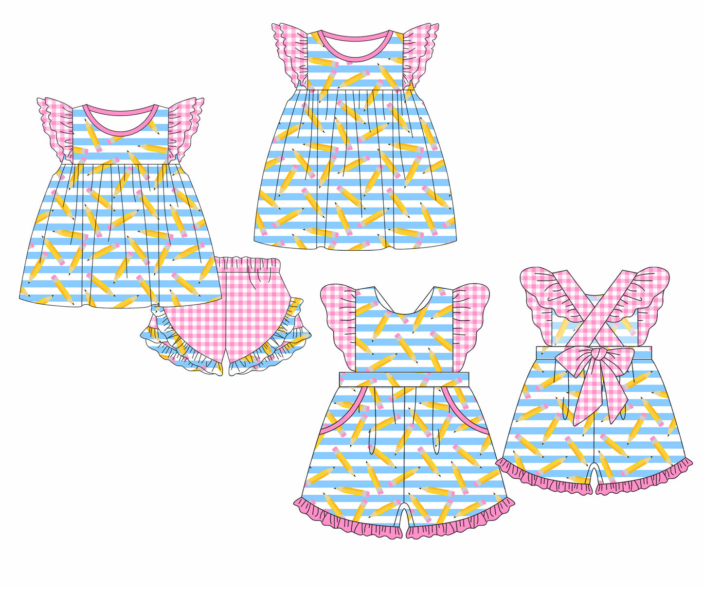 Baby Boy Girl Back To School Pencil Stripes Sibling Dress Clothes Set ( Moq 5 Each style )11.30
