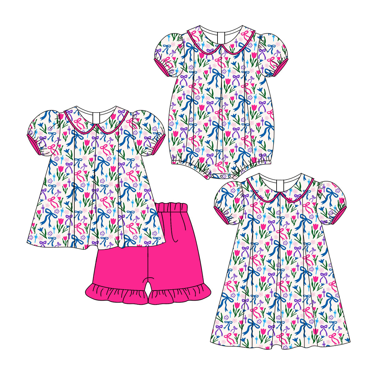Baby Girl Short Sleeves Bows Floral Sibling Romper Dress Set ( Moq 5 Each Style ) 3.12