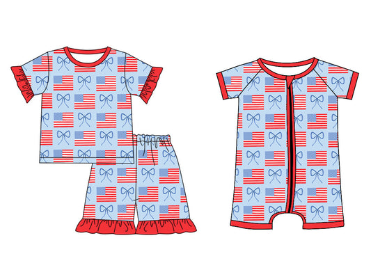 Baby Girl Short Sleeves 4th Of July Flags Bows Sibling Romper Set ( Moq 5 Each Style ) 3.18
