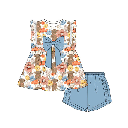 Baby Girl Sleeveless Cows Flowers Tunic Blue Ruffle Shorts Set ( Moq 5 )