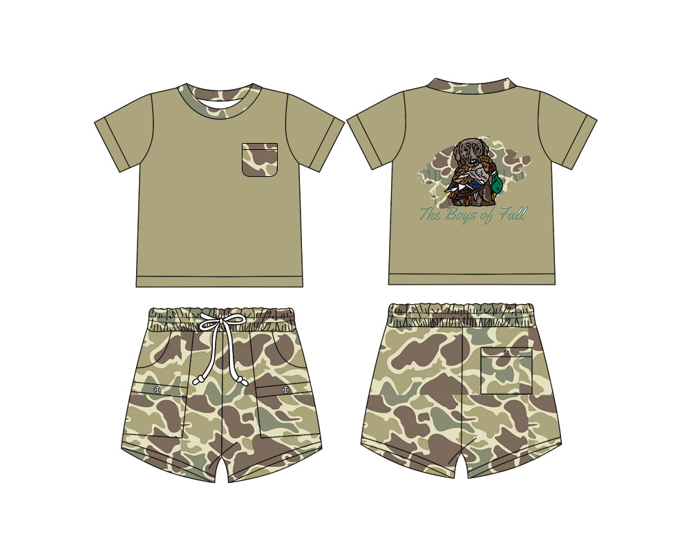 Baby Boy Green Short Sleeves Dog Duck Shirt Camo Pockets Shorts Set ( Moq 5 ) 12.9