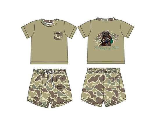 Baby Boy Green Short Sleeves Dog Duck Shirt Camo Pockets Shorts Set ( Moq 5 ) 12.9