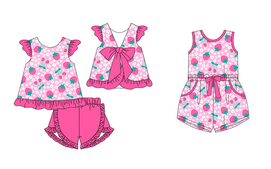 ( Moq 5 Each Style ) Baby Girls Toddler Strawberry Floral Pink Bows Sibling Jumpsuit Set