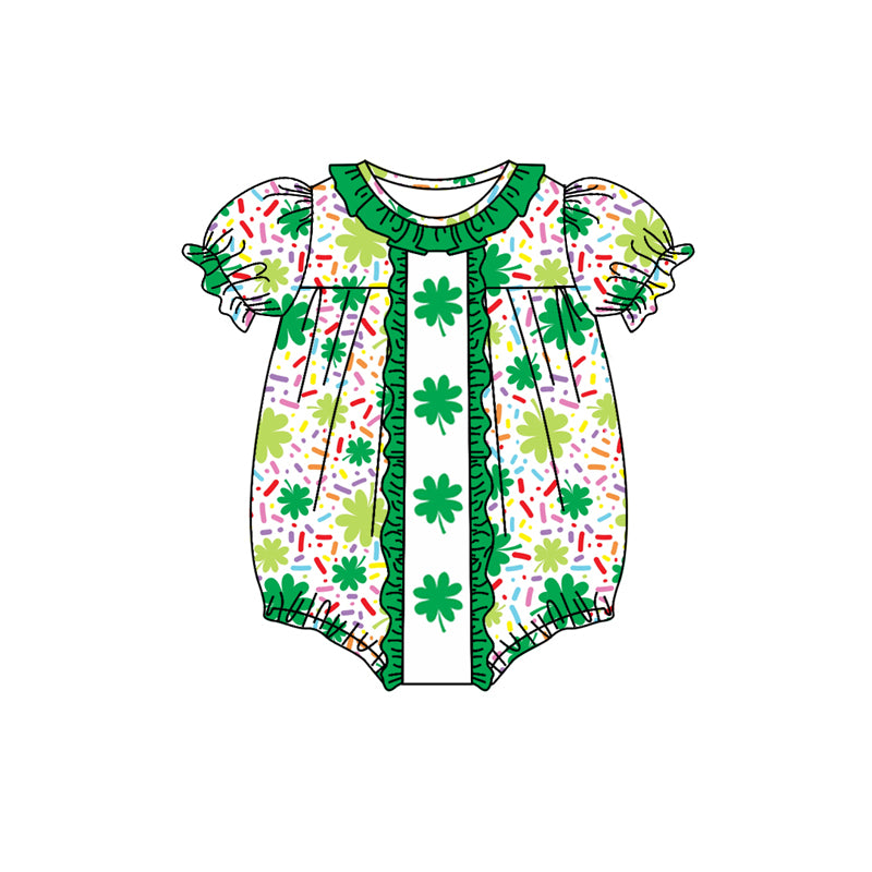 Baby Girl Infant Short Sleeves St. Patrick Clover Green Ruffle Bubble Romper Moq 5