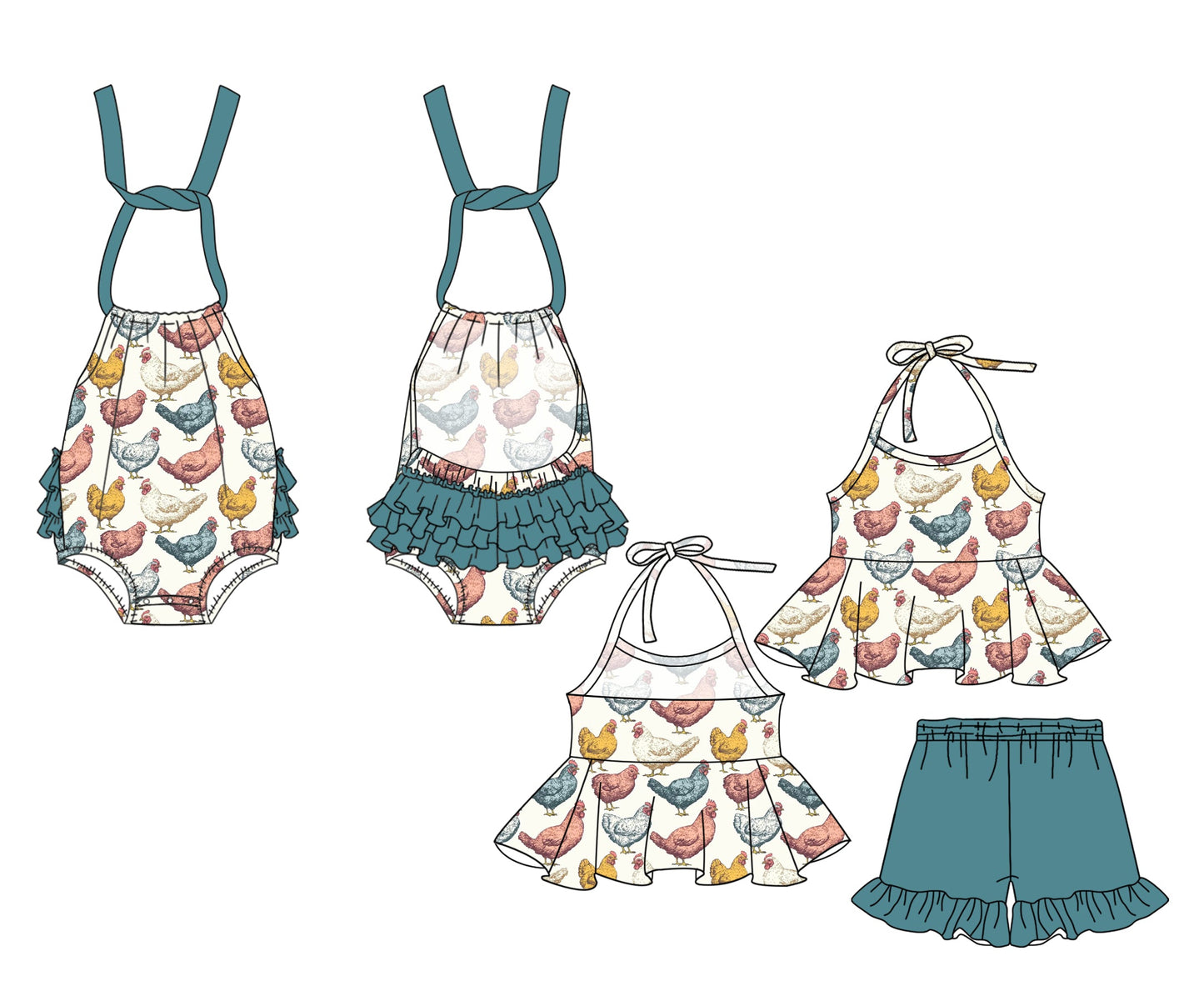 Baby Girl Chicken Halter Sibling Romper Set ( Moq 5 Each Style ) 2.15